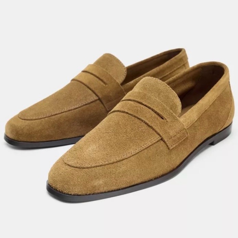 ZARA Women's size 41 USA 10  Split Suede Penny Loafers in Sand Brown